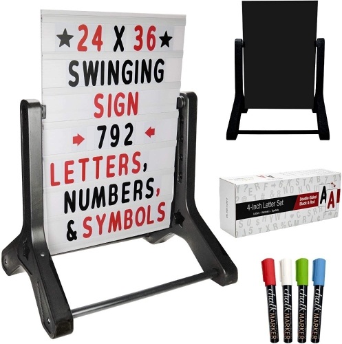 Swinging Changeable Message Sidewalk Sign 24" x 36", 792 Pre-Cut Double Sided Letters and Storage Box - New  - Lot 433