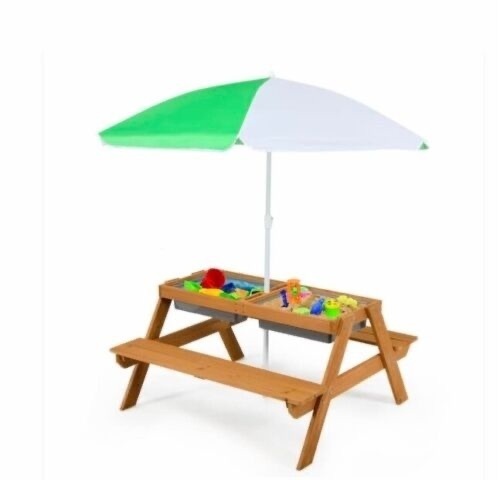 Costway 3-in-1 Kids Picnic Table Outdoor Water Sand Table w/ Umbrella Play Boxes - Lot 9075