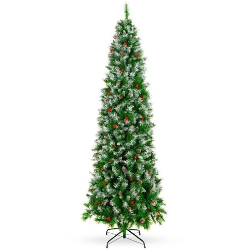 7.5' Partially Flocked Spruce Pencil Christmas Tree w/ Berries, Pine Cones  - Lot 873