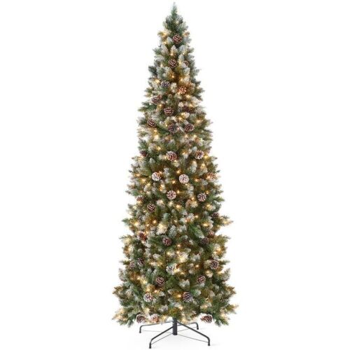 7.5' Pre-Lit Partially Flocked Pencil Christmas Tree w/ Pine Cones, Metal Stand  - Lot 1186