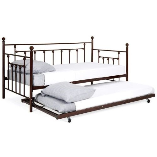 Twin Sized Metal Lounge Daybed Frame w/ Trundle, Finials - Black  - Lot 91