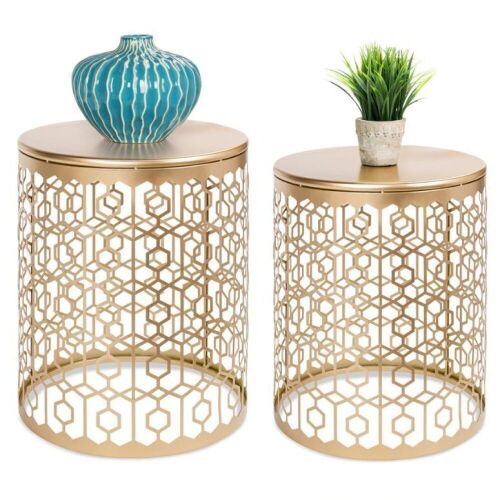 Set of 2 Decorative Round Side Accent Table Nightstands w/ Nesting Design  - Lot 535