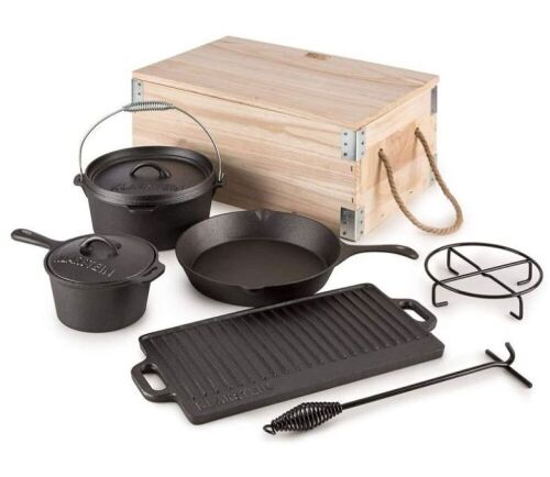 Klarstein Hotrod Masterplan 7-Piece Cast Iron Outdoor Pots and Pans Set for Cooking, Frying, and Baking on Grills or Open Flame - Lot 475