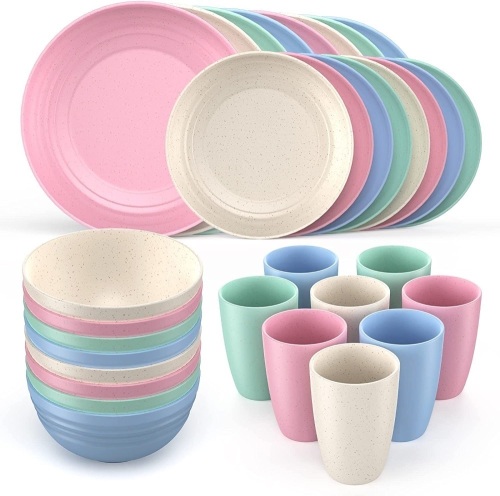 What Straw Dinnerware Set, 32 Pieces, Dinner Plates, Dessert Plates, Cereal Bowls, Kids Cups, Microwave Safe - Lot 209