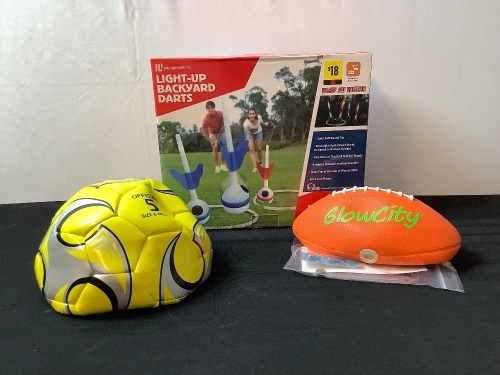 Bundle of Soccer Ball, Light Up Football, and Light Up Backyard Darts - Lot 303