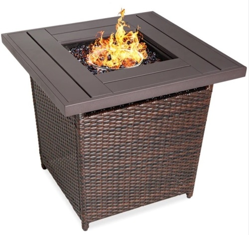 28in Fire Pit Table 50,000 BTU Wicker Propane w/ Faux Wood Tabletop - Lot 87