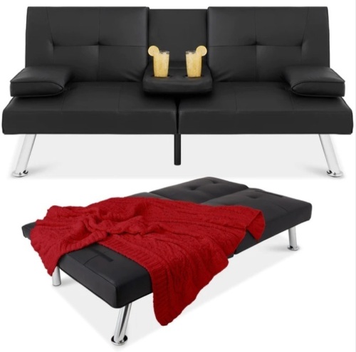 Faux Leather Upholstered Convertible Sofa Bed Futon w/ 2 Cupholders - Lot 88