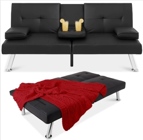 Faux Leather Upholstered Convertible Sofa Bed Futon w/ 2 Cupholders - Lot 95