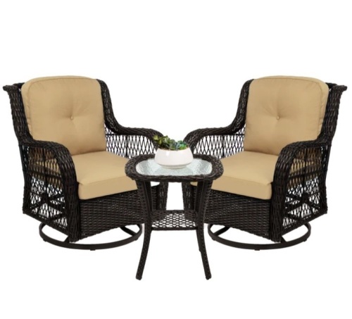 3-Piece Patio Wicker Bistro Furniture Set w/ 2 Swivel Rocking Chairs, Table - Lot 29