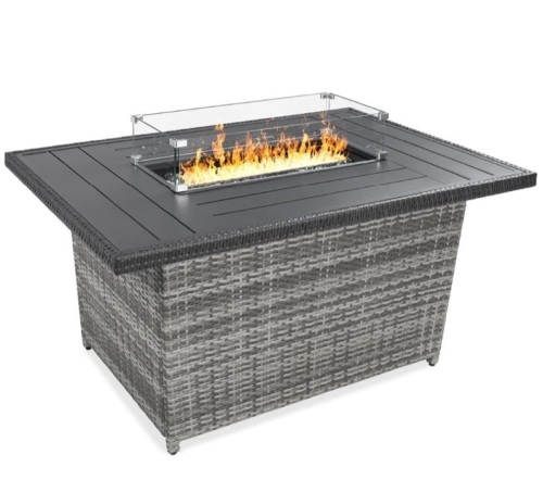 Wicker Propane Fire Pit Table, 50,000 BTU w/ Glass Wind Guard, Cover - 52in - Lot 31