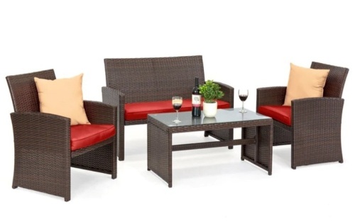 4-Piece Outdoor Wicker Conversation Patio Set w/ 4 Seats, Glass Table Top - Lot 33