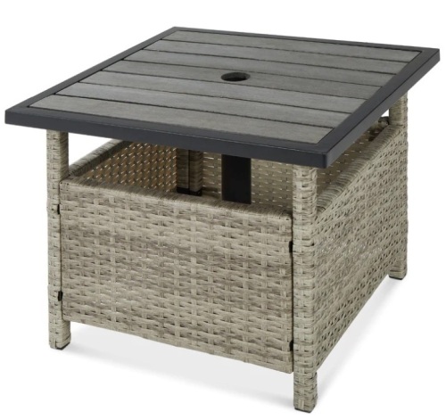Outdoor Wicker Patio Side Table Accent Furniture w/ Umbrella Hole - Lot 182