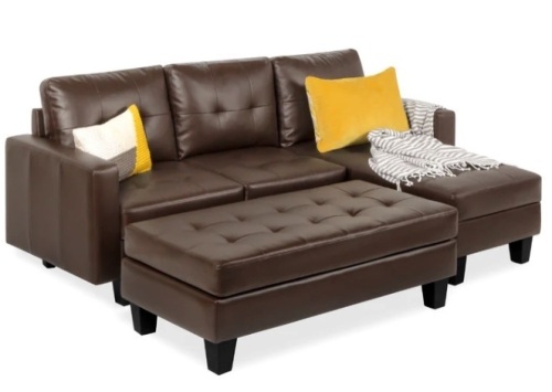 L-Shape Customizable Faux Leather Sofa Set w/ Ottoman Bench - Lot 18
