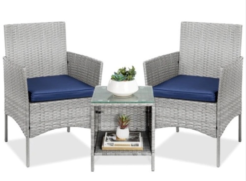 3-Piece Outdoor Patio Wicker Bistro Set w/ Side Storage Table - Lot 291