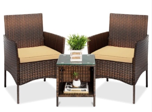3-Piece Outdoor Patio Wicker Bistro Set w/ Side Storage Table - Lot 285