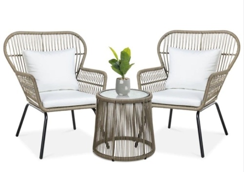 3-Piece Patio Wicker Conversation Bistro Set w/ 2 Chairs, Glass Top Table - Lot 60