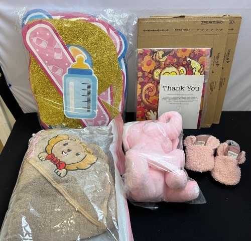 Bundle of Misc Baby Items- Gender Reveal Yard Decor, Slippers, Plush Elephant, Wall Art - Lot 436