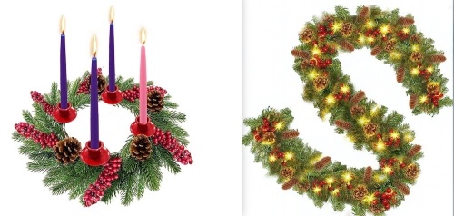 Bundle of Misc Christmas Decor-Advent Wreath Decoration(No Candles) & 12.5 Feet Prelit Garland - Lot 473