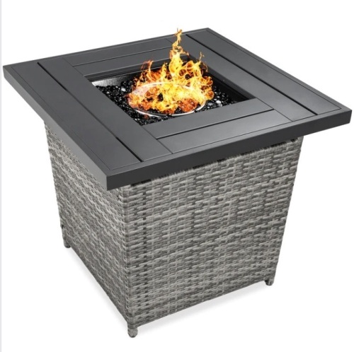 28in Fire Pit Table 50,000 BTU Wicker Propane w/ Faux Wood Tabletop - Lot 166