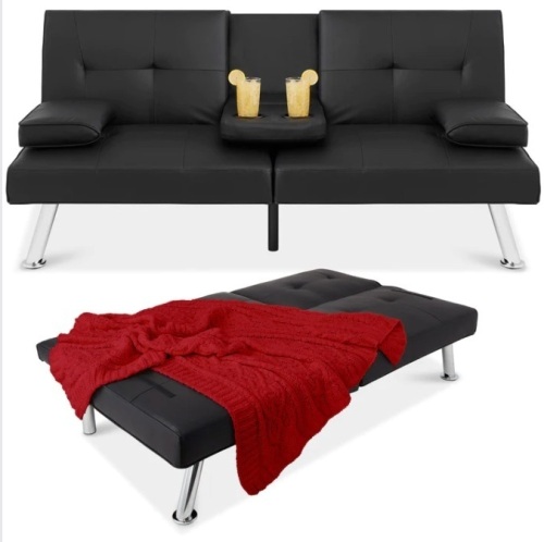Faux Leather Upholstered Convertible Sofa Bed Futon w/ 2 Cupholders - Lot 206