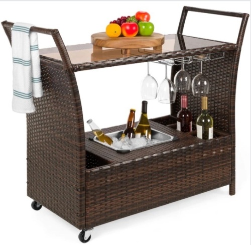 Wicker Serving Bar Cart w/ Wheels, Glass Counter, Ice Bucket - Lot 24