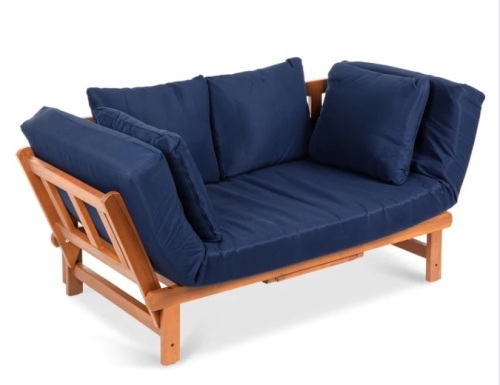 Outdoor Convertible Acacia Wood Futon Sofa w/ 4 Pillows - Lot 21