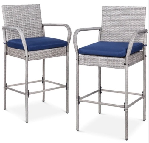 Set of 2 Indoor Outdoor Wicker Bar Stools w/ Cushion - Lot 168