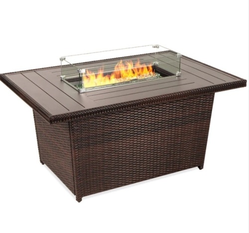 Wicker Propane Fire Pit Table, 50,000 BTU w/ Glass Wind Guard, Cover - 52in - Lot 54