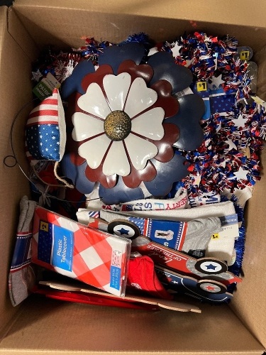 Large Box of Misc 4th of July Party Supplies, Decor & Shirts - Lot 43a