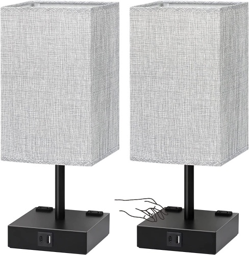 Set of (2) Touch Control Table Lamps, USB C+A Charging Ports & AC Outlets, 3 Way Dimmable, Blub Included - Lot 221