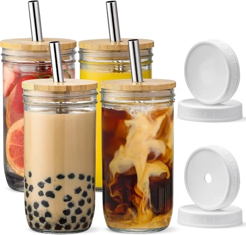 4 pack 24oz Jar Glasses w/ Bamboo Lids & Straws - Lot 237