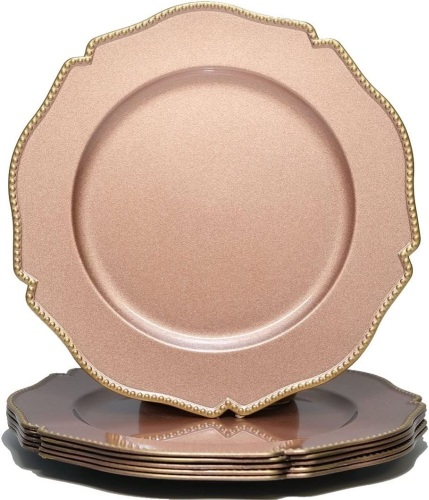 Set of (6) Scalloped Charger Plates with Gold Beaded Rim, 13", Plastic, Rose Gold - Lot 313