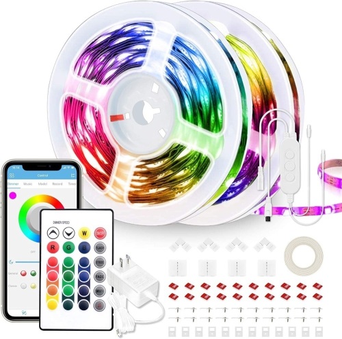 65.6ft LED Strip Lights with Remote and Sync App, Includes Adhesive, Connectors, and Fasteners - Lot 355