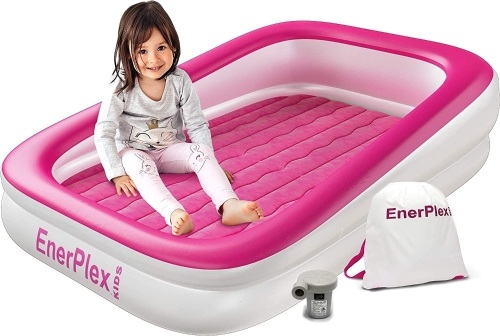 Kids Inflatable Travel Bed with High Speed Pump, Built-in Safety Bumper, Pink, 66"L x 44"W x 13"Th - Lot 397