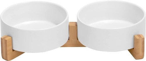 Ceramic Dog/Cat 13.5oz Food and Water Bowls with Wood Stand - Lot 455