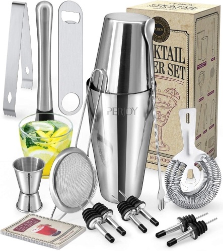 Perjoy Cocktail Shaker Set, 16 Pieces Stainless Steel - Lot 548