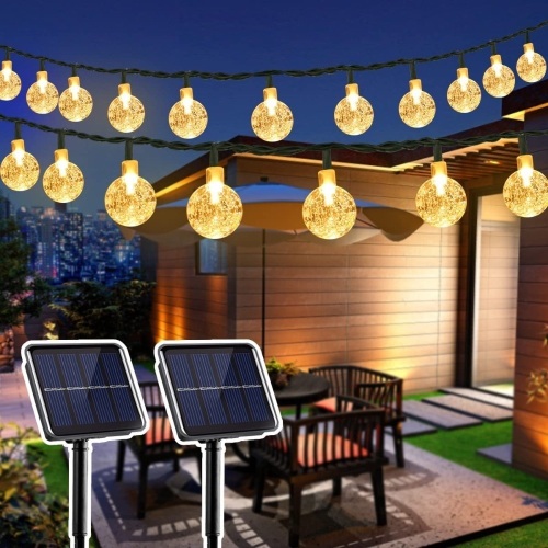 Set of (2) Solar Powered String Lights, 26ft 50 LED Crystal Globes, Yellow - Lot 600