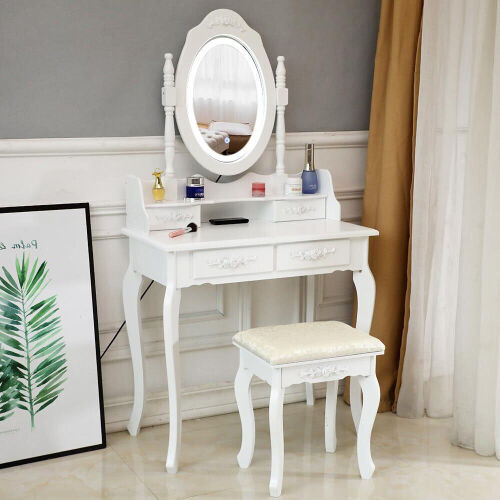 FCH Elegance White Dressing Table Vanity Table and Stool Set Wood Makeup Desk with 4 Drawers & Mirror - Lot 9267