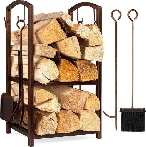 5-Piece Firewood Log Rack Holder Tools Set w/ Hook, Broom, Shovel, Tongs  - Lot 151