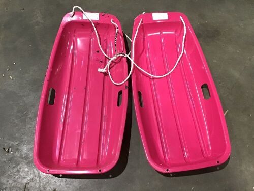 Lot of (2) Kids Outdoor Plastic Toboggan Snow Sled Board w/ Pull Rope, Handles - 35in - Dirty - Lot 708