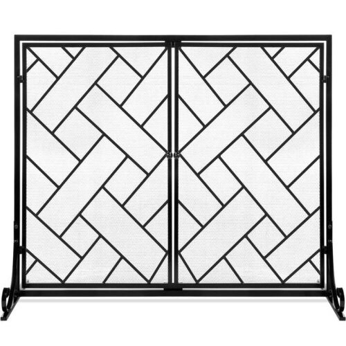 2-Panel Wrought Iron Geometric Fireplace Screen w/ Magnetic Doors - 44x33in  - Lot 917