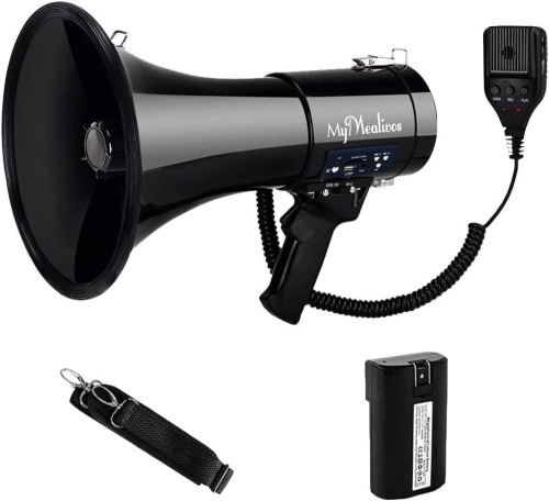 MyMealivos Megaphone with Siren Bullhorn 50 Watt Bullhorn Speaker with Detachable Microphone, Portable Lightweight Strap & 3.5mm Aux Input - Lot 9634