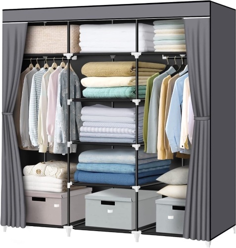 LOKEME Portable Closet, 55.5 Inch Wardrobe Closet for Hanging Clothes with 2 Hanging Rods, 9 Clothes Storage Organizer Shelves, Gray Closet Extra Durable, Quick and Easy to Assemble - Lot 9692