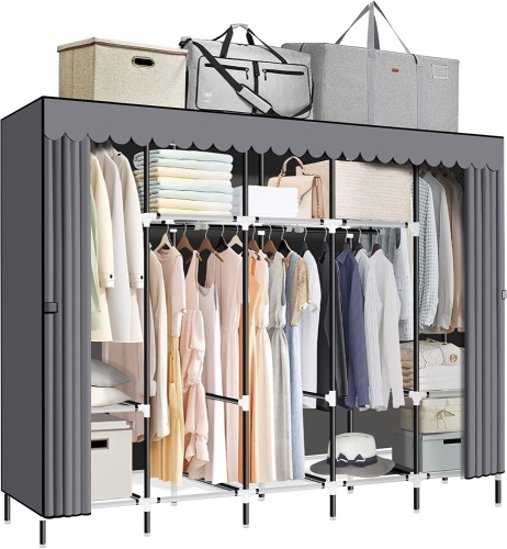 LOKEME Portable Closet Great Size 82-Inch Portable Wardrobe with 5 Hanging Areas and 10 Storage Shelves, Grey Portable Closets for Hanging Clothes, Extra Sturdy 25mm Steel Tube and Easy to Assemble - Lot 9693