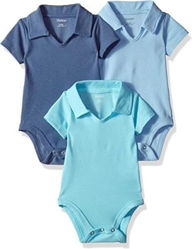 Case of (24) Hanes Ultimate Baby Flexy 3 Pack Short Sleeve Polo Bodysuits, 12-18M  - Lot 781