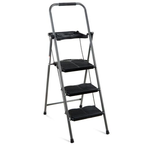 3-Step Folding Steel Ladder w/ Utility Tray, Hand Grip, 330lb Capacity  - Lot 900