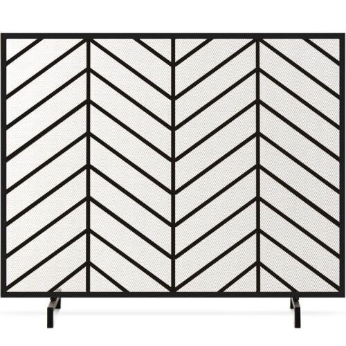 Single Panel Iron Chevron Fireplace Screen w/ Antique Finish - 38x31in  - Lot 592