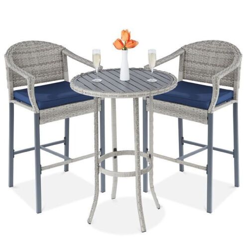 3-Piece Outdoor Bistro Wicker Table Bar Set w/ Bar Stools, Footrests  - Lot 66