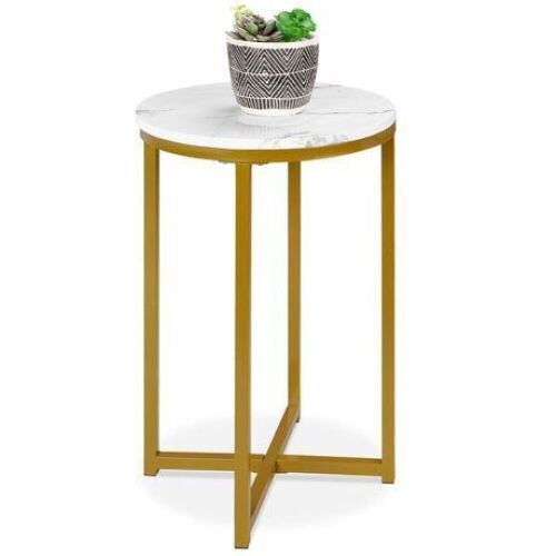 Round Coffee Side Table w/ Faux Marble Top, Metal Frame - 16in  - Lot 315