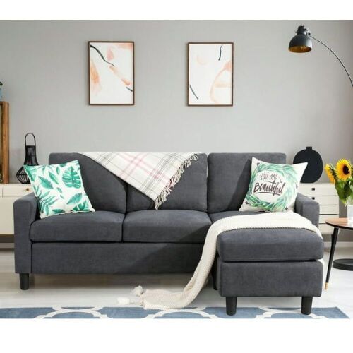 Sobaniilo Linen Sectional Sofa Couch with Reversible Chaise for Small Space, Dark Gray  - Lot 50